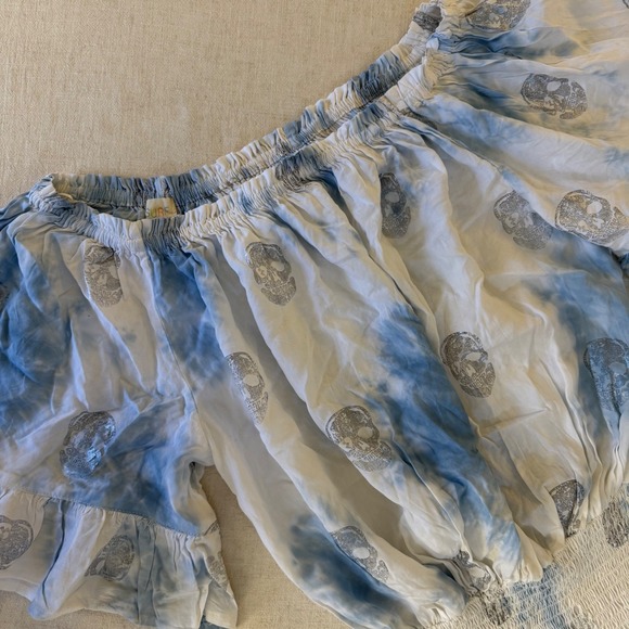 Surf Gypsy Blue White Tie Dye Skull Print Smocked Mini Dress Medium - Picture 7 of 10